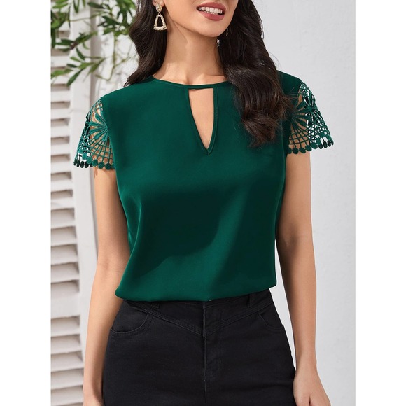Keyhole short sleeve Guipure Lace Blouse dark green - Picture 1 of 8